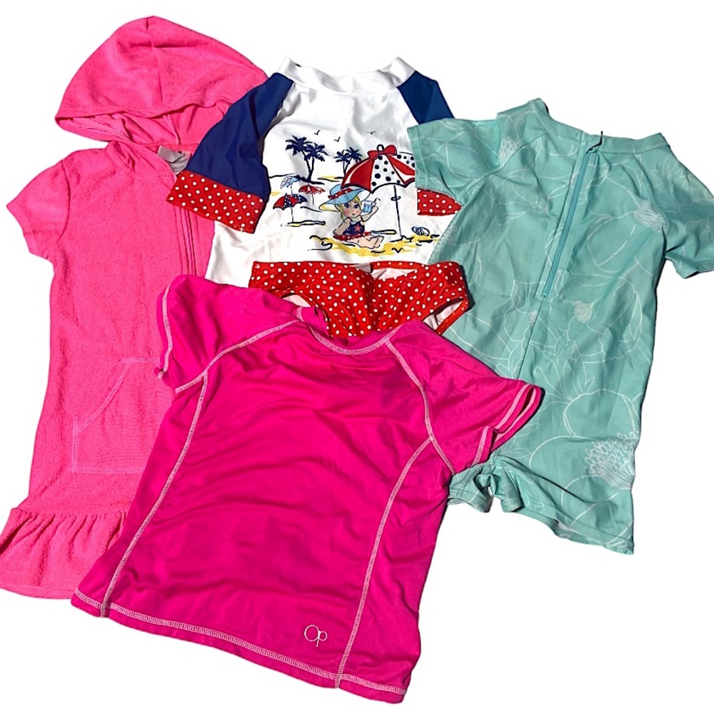 Girls Swimsuit, Rashguard & Hooded Zip Cover Up Bundle Size 4/5 & 5t Kids Swim